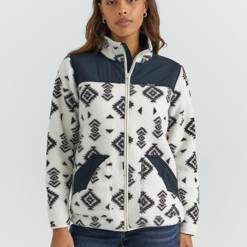 Retro Western Vintage Sherpa Full Zip - Cream/Black