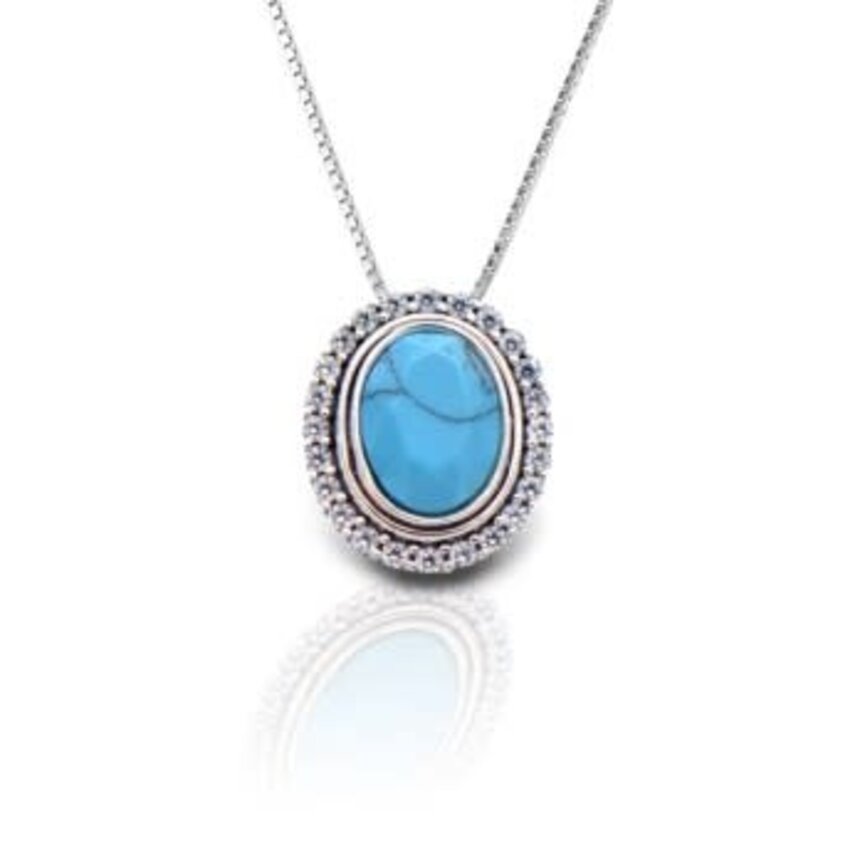 OVAL TURQUOISE PENDANT NECKLACE, STERLING SILVER