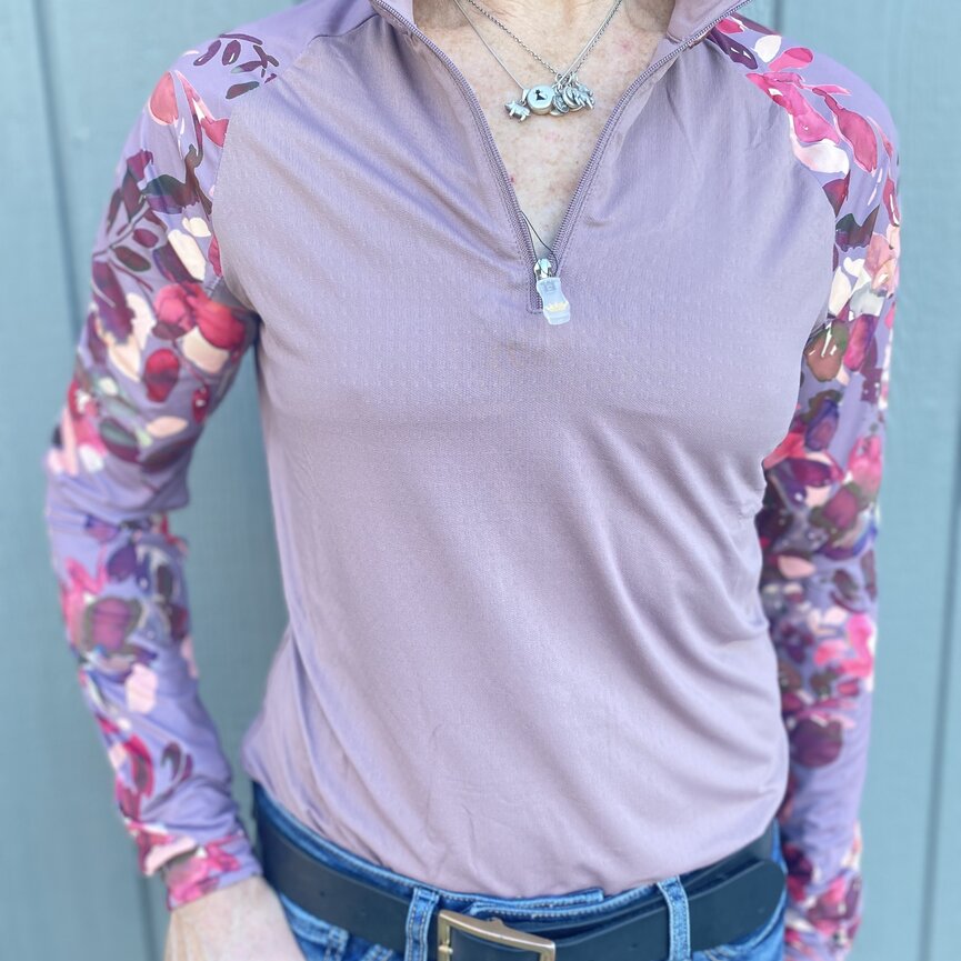 RAGLAN DUSTY MAUVE WATERCOLOR FLORAL 1/4 ZIP