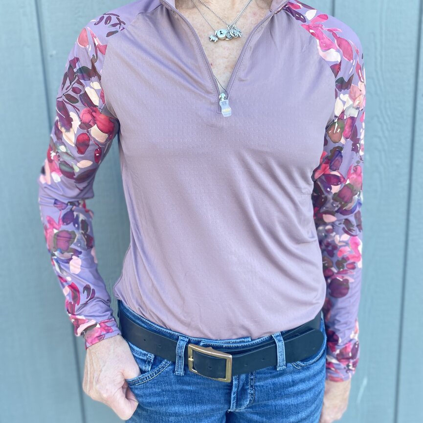RAGLAN DUSTY MAUVE WATERCOLOR FLORAL 1/4 ZIP