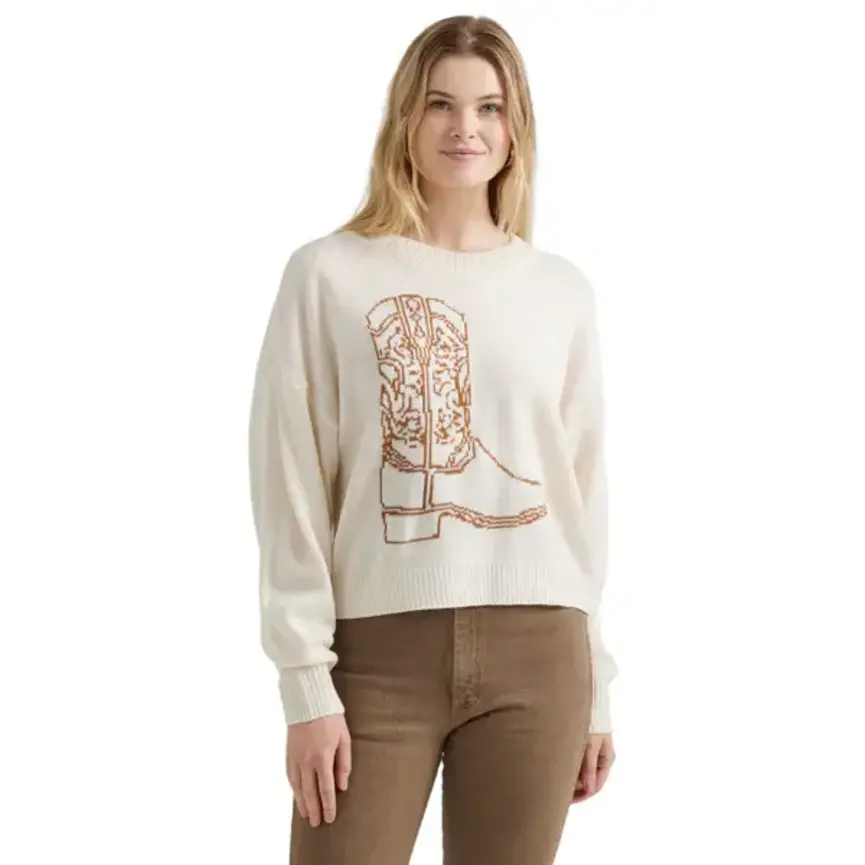 Women's Retro Western Boot Crew Sweater In White