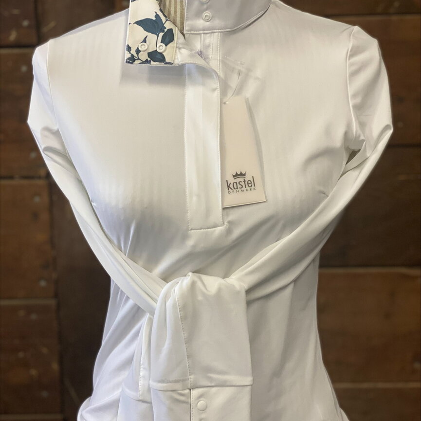 Long Sleeve White Show Shirt with Indigo Leaf