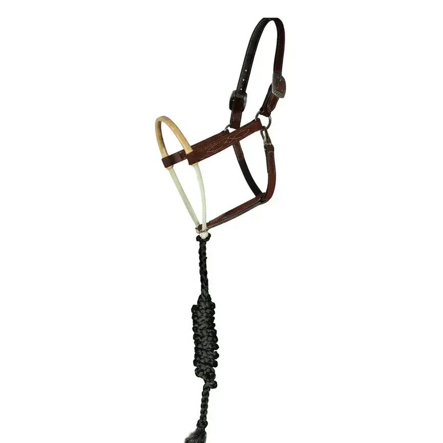 RAWHIDE WRAPPED, DOUBLE ROPE NOSE, CHOCOLATE ROUGHOUT HALTER