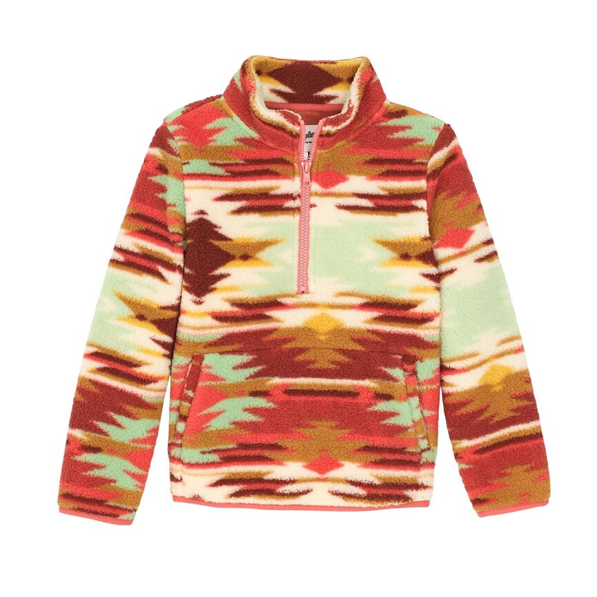 Girls Sherpa Zip Pullover - Aztec Pink / Green