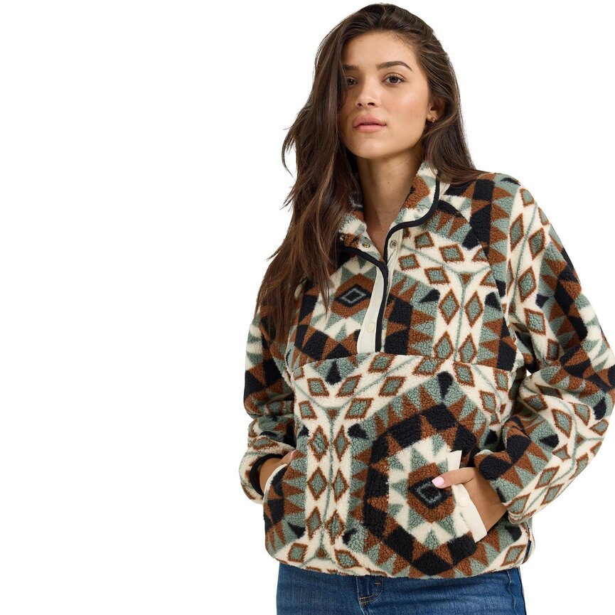 Retro Western Vintage Sherpa Snap Pullover - Aztec Green