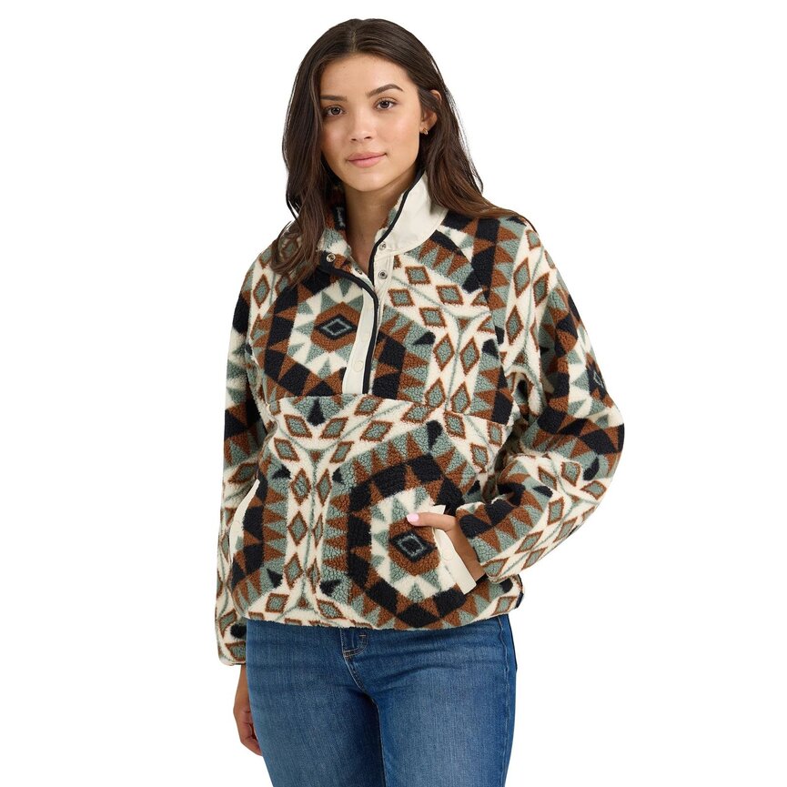 Retro Western Vintage Sherpa Snap Pullover - Aztec Green