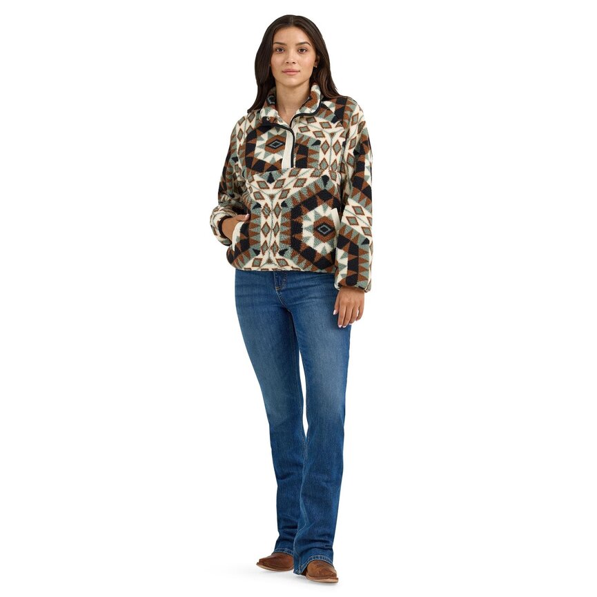 Retro Western Vintage Sherpa Snap Pullover - Aztec Green