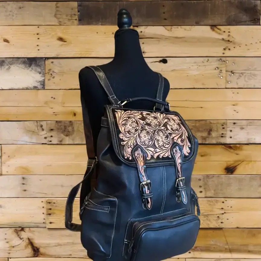 Western Tooled Leather Backpack - Large