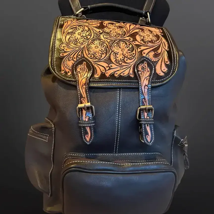 Western Tooled Leather Backpack - Large