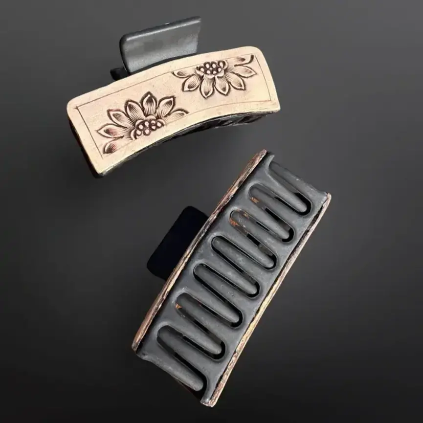 Sunflower Tooled Leather Claw Hair Clip Western  Matte Black