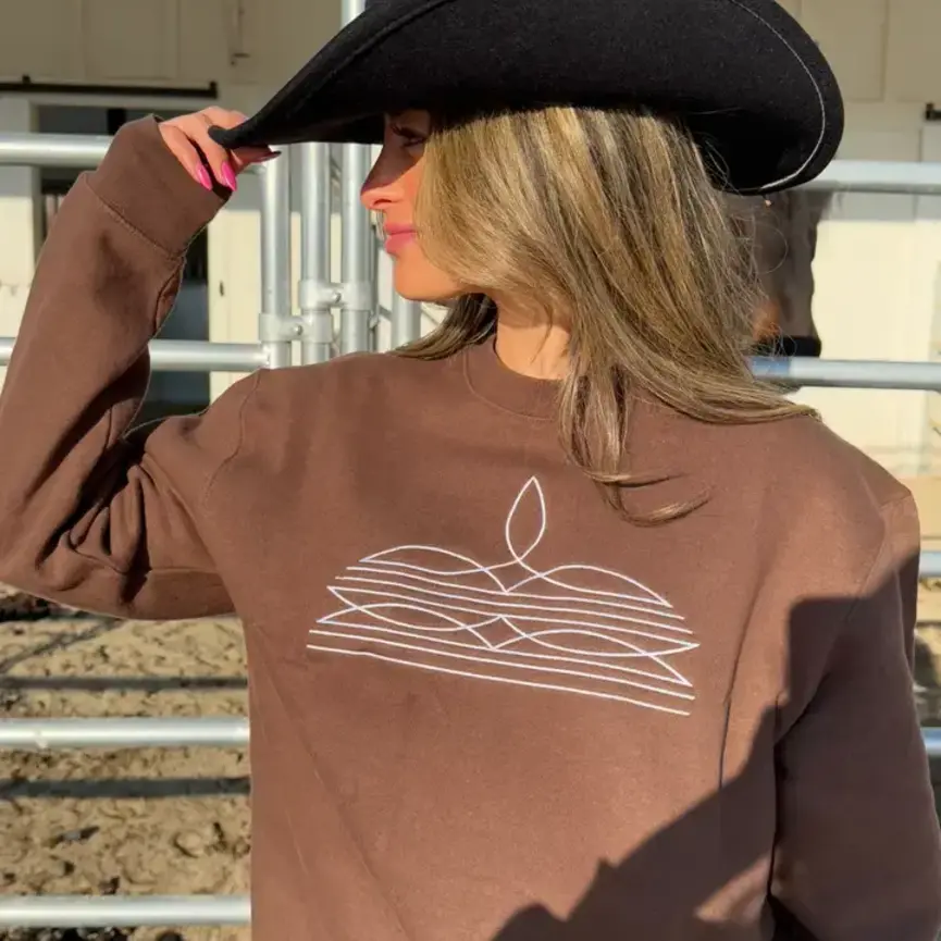 Western Boot-Stitch Embroidered Sweatshirt (Cocoa)