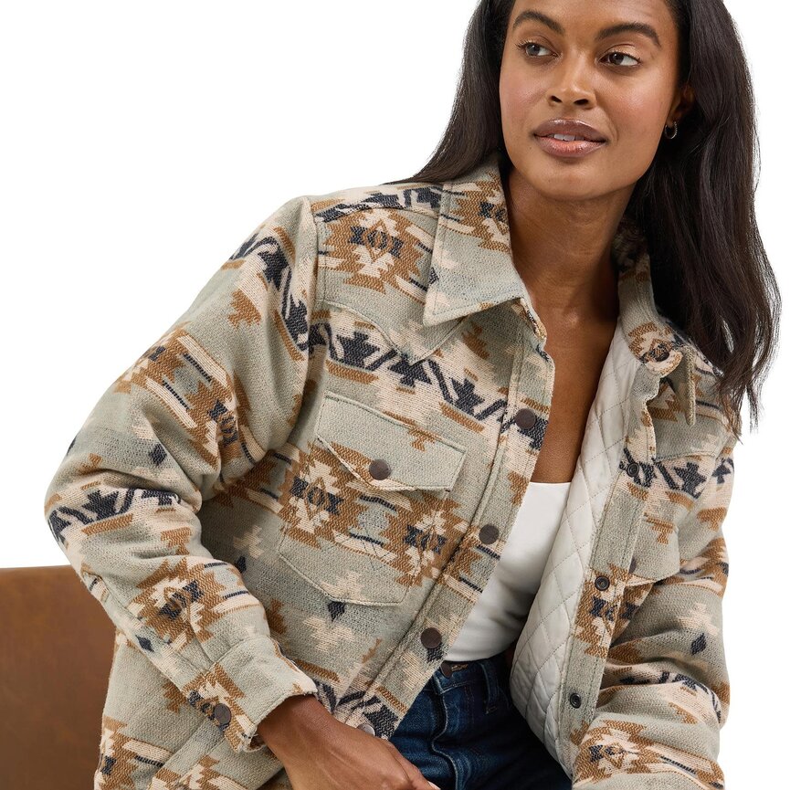 Retro Quilt Lined Jacquard Shacket - Green