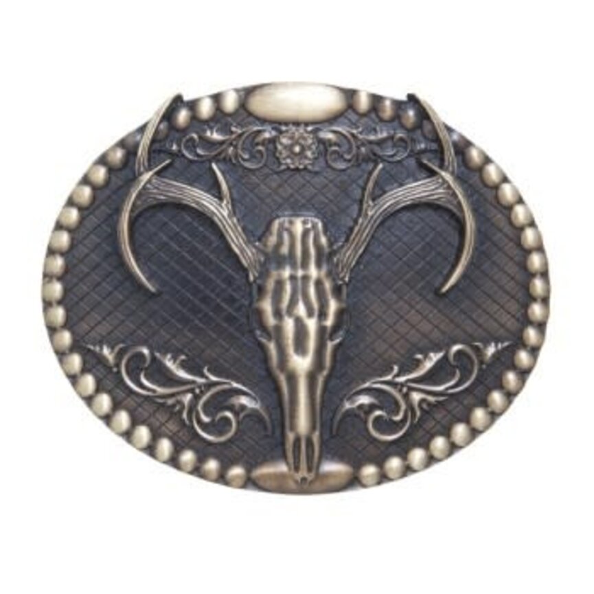 ANTIQUE BRASS OVAL ELK SKULL BELT BUCKLE WITH SCROLL