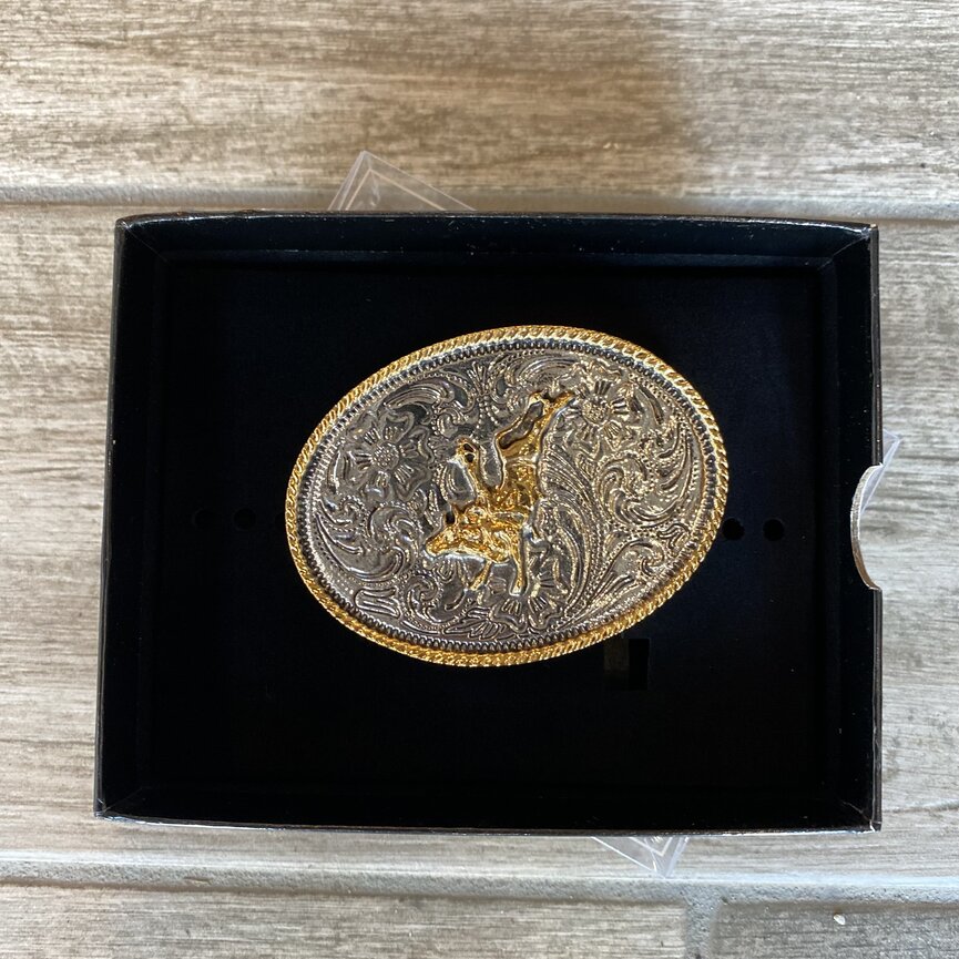 CHILDS NICKEL OVAL with GOLD BULLRIDER BUCKLE
