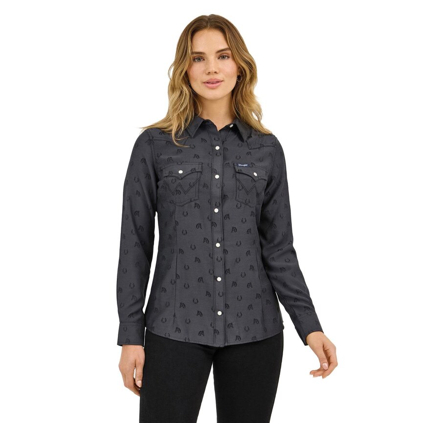 Retro Western Horseshoe Snap Shirt in Black