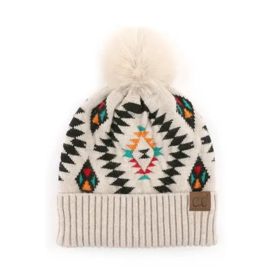 C.C Soft Aztec Pattern Beanie with Faux Fur Pom