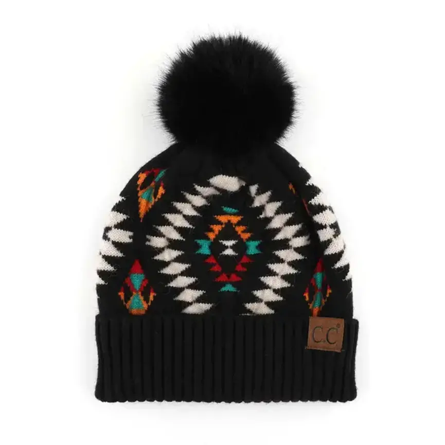 C.C Soft Aztec Pattern Beanie with Faux Fur Pom