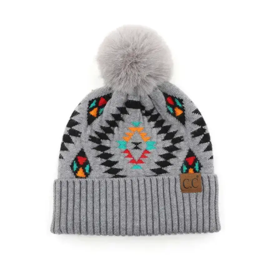 C.C Soft Aztec Pattern Beanie with Faux Fur Pom