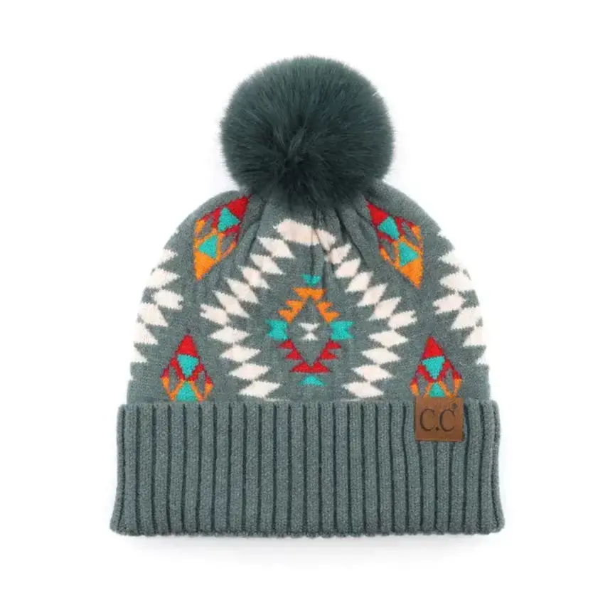 C.C Soft Aztec Pattern Beanie with Faux Fur Pom