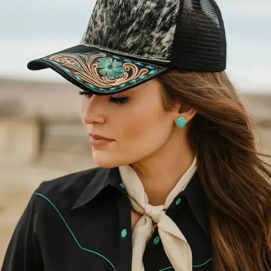 Trucker Hat Cap Genuine Cowhide Tooled Leather