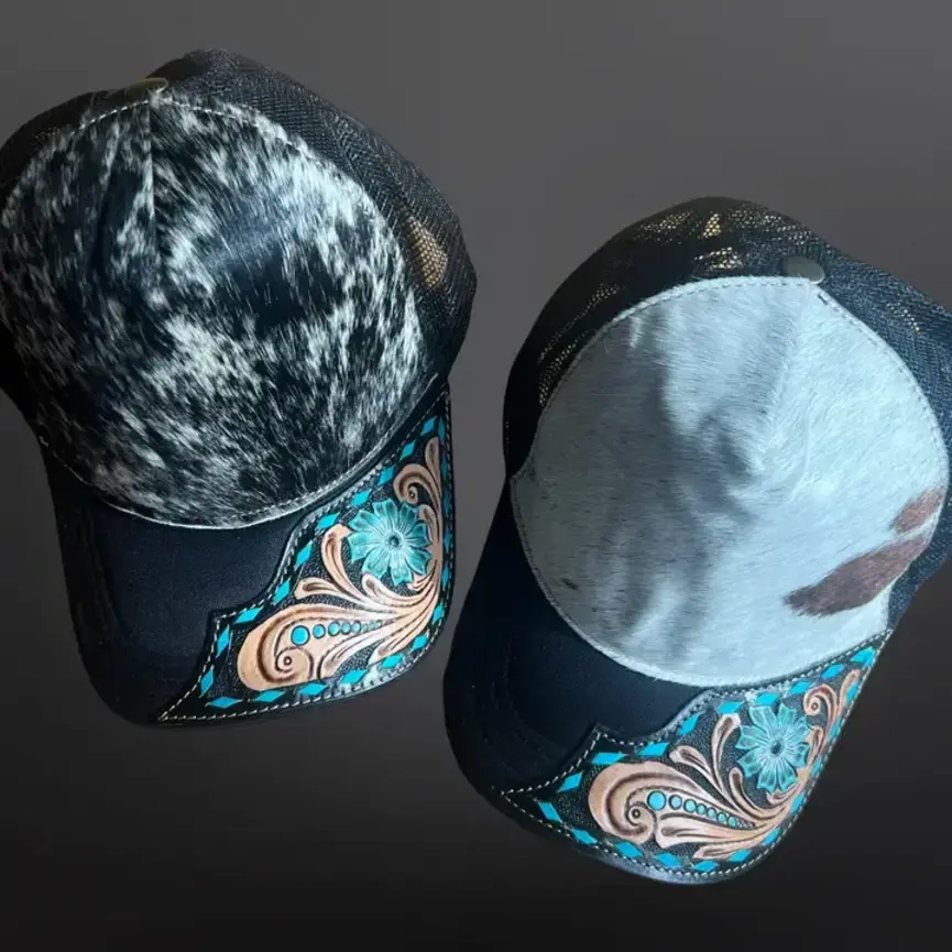 Trucker Hat Cap Genuine Cowhide Tooled Leather