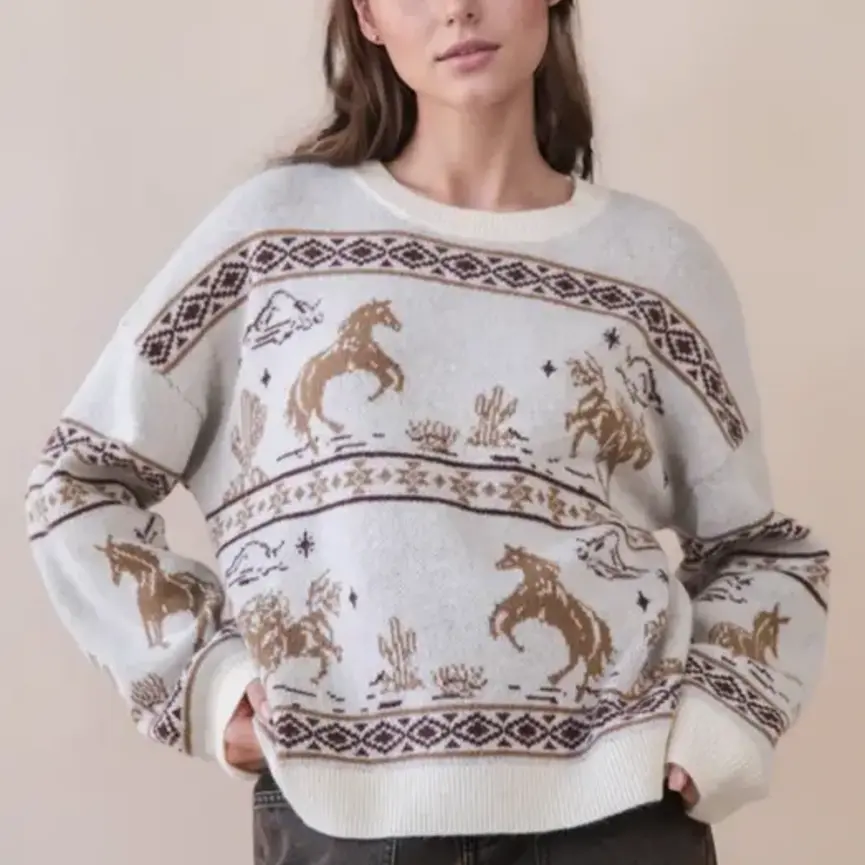 Oversized Western Graphic Knit Sweater Top