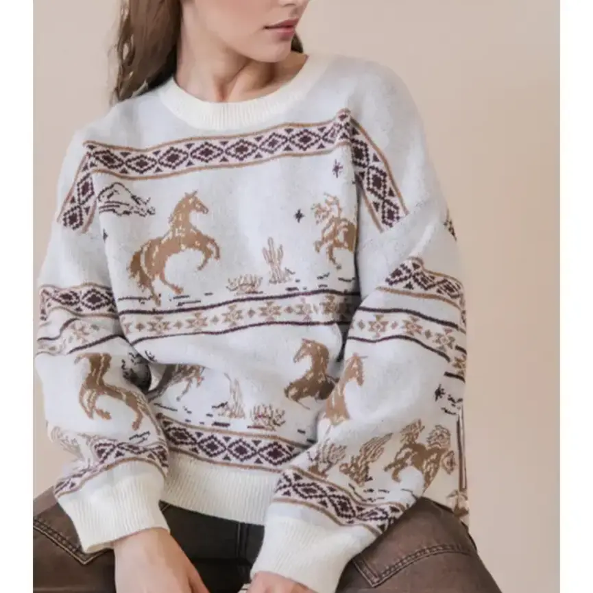 Oversized Western Graphic Knit Sweater Top