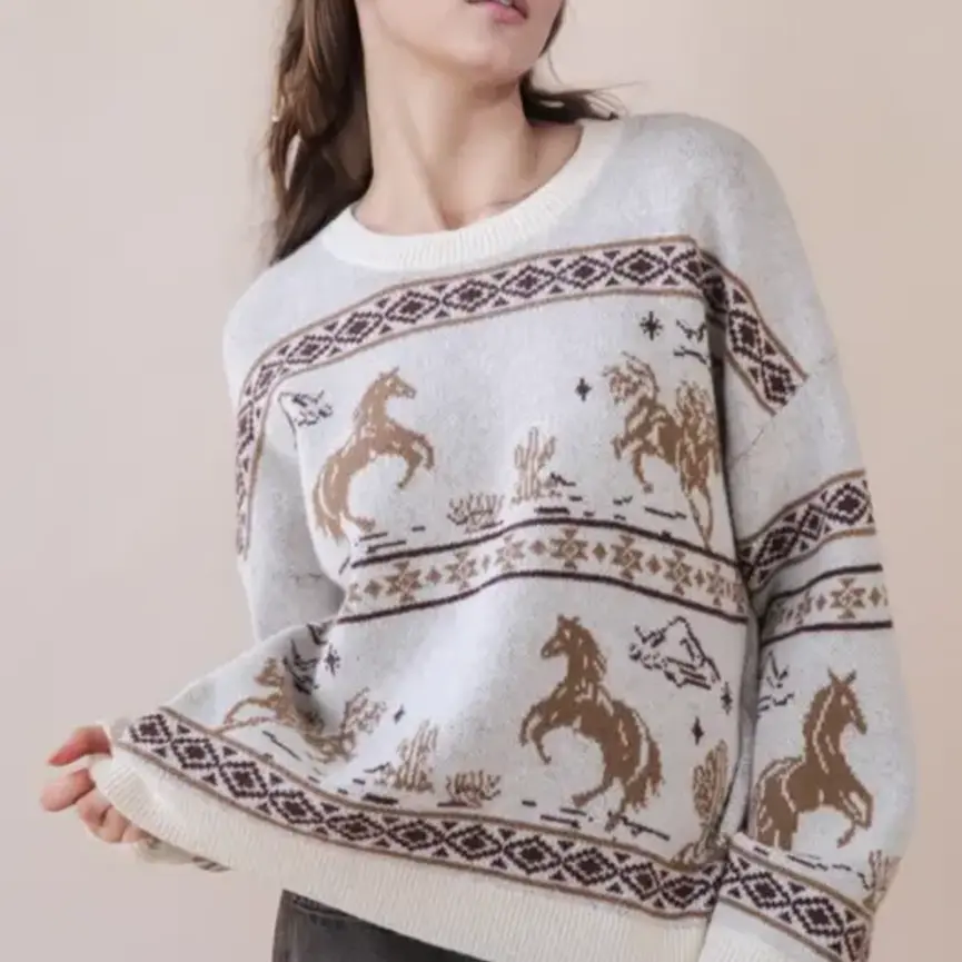 Oversized Western Graphic Knit Sweater Top