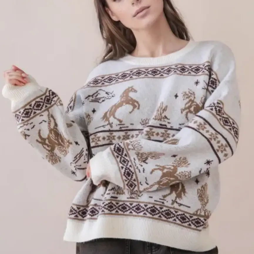 Oversized Western Graphic Knit Sweater Top