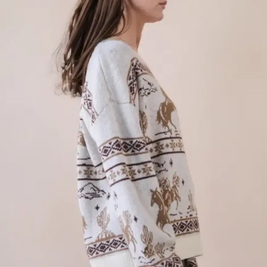 Oversized Western Graphic Knit Sweater Top