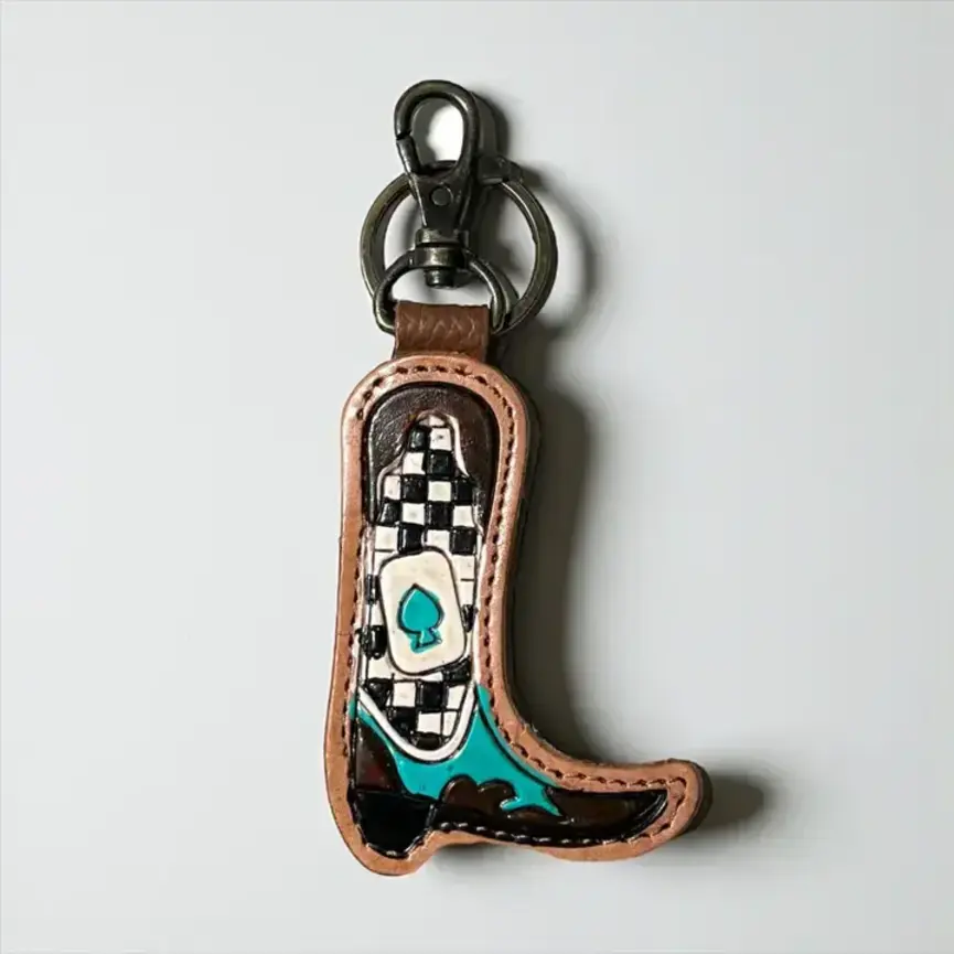 Punchy Tooled Leather & Cowhide Keychain