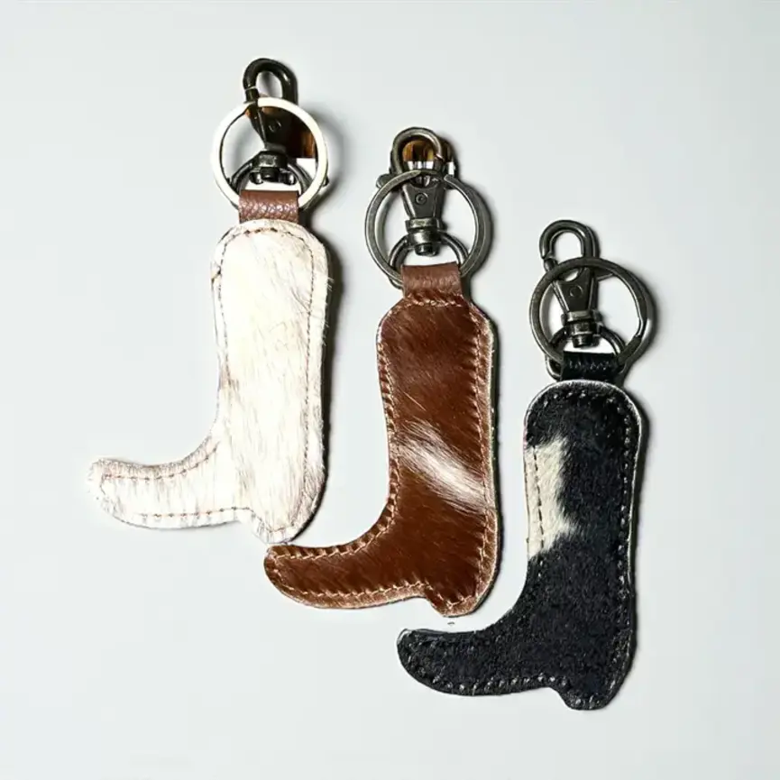 Punchy Tooled Leather & Cowhide Keychain
