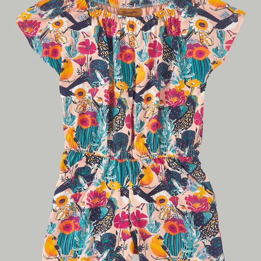 GIRL'S DESERT CACTUS CAP SLEEVE ROMPER IN FLORAL TEAL