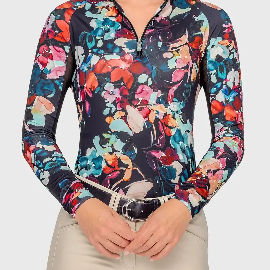 Black Watercolor Floral Long Sleeve 1/4 Zip Sun Shirt