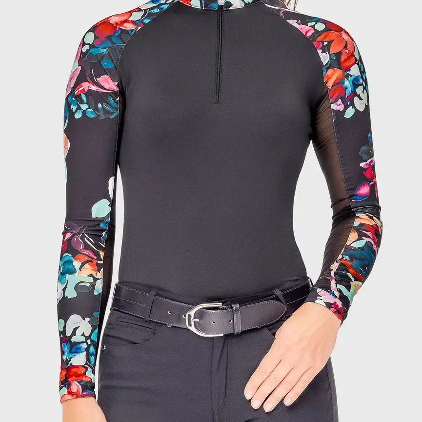 Black Watercolor Floral Long Sleeve Raglan 1/4 Zip Sun Shirt