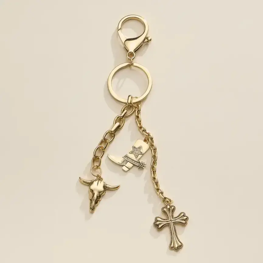 Western Bag Charm Keychain with Boot, Skull, and Cross