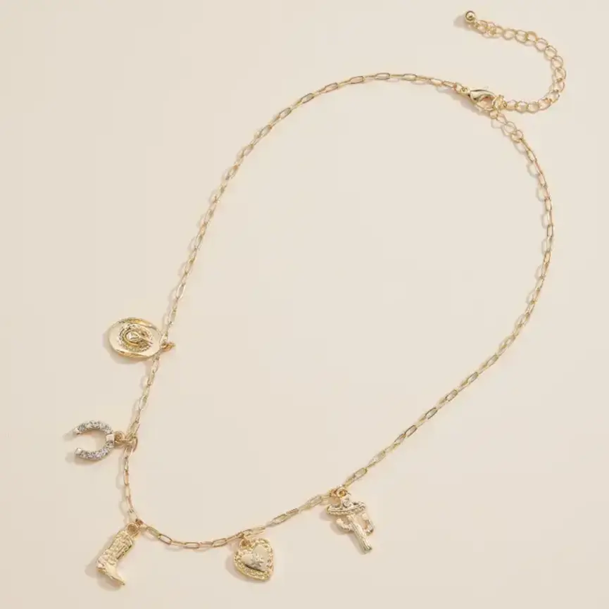 Western Charm Necklace with Horseshoe, Boot, Heart & Cactus