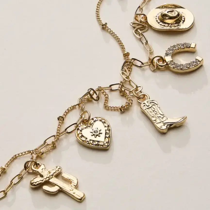 Western Charm Bracelet with Cowboy Boot, Hat, Horseshoe, Cactus & Heart Pendants