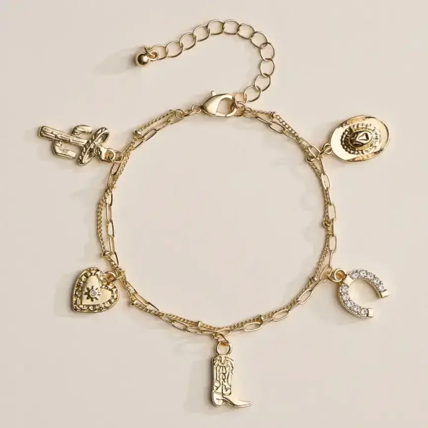 Western Charm Bracelet with Cowboy Boot, Hat, Horseshoe, Cactus & Heart Pendants
