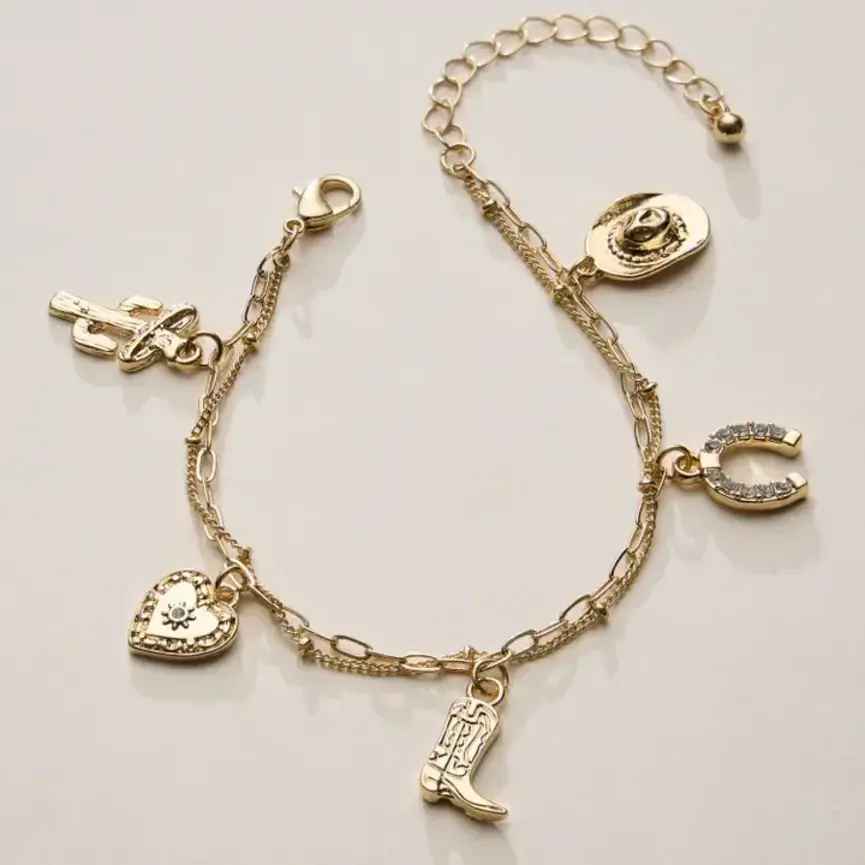 Western Charm Bracelet with Cowboy Boot, Hat, Horseshoe, Cactus & Heart Pendants