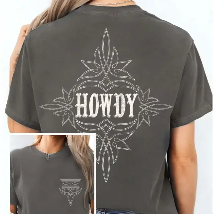 Howdy Boots Stitch Print Front&Back Graphic Tshirts