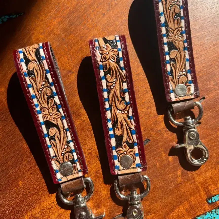 Tooled Leather Western Blue Floral Keychain