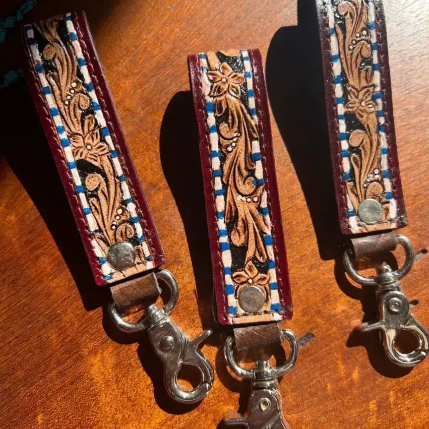 Tooled Leather Western Blue Floral Keychain