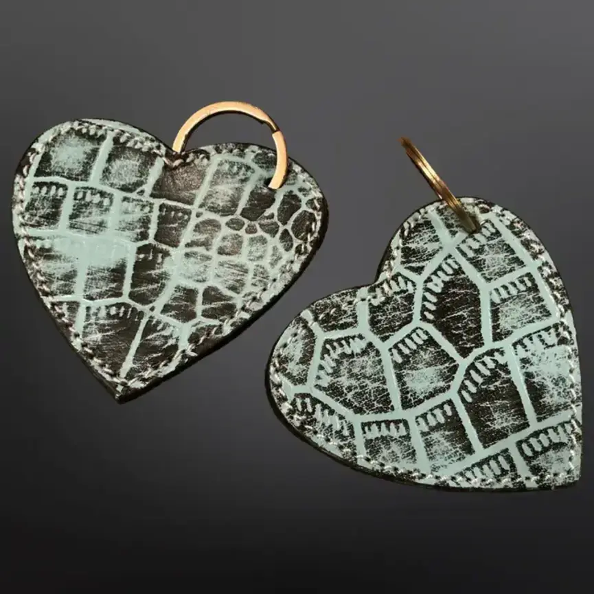 Western Embossed Leather Heart Keychain Crocodile Print