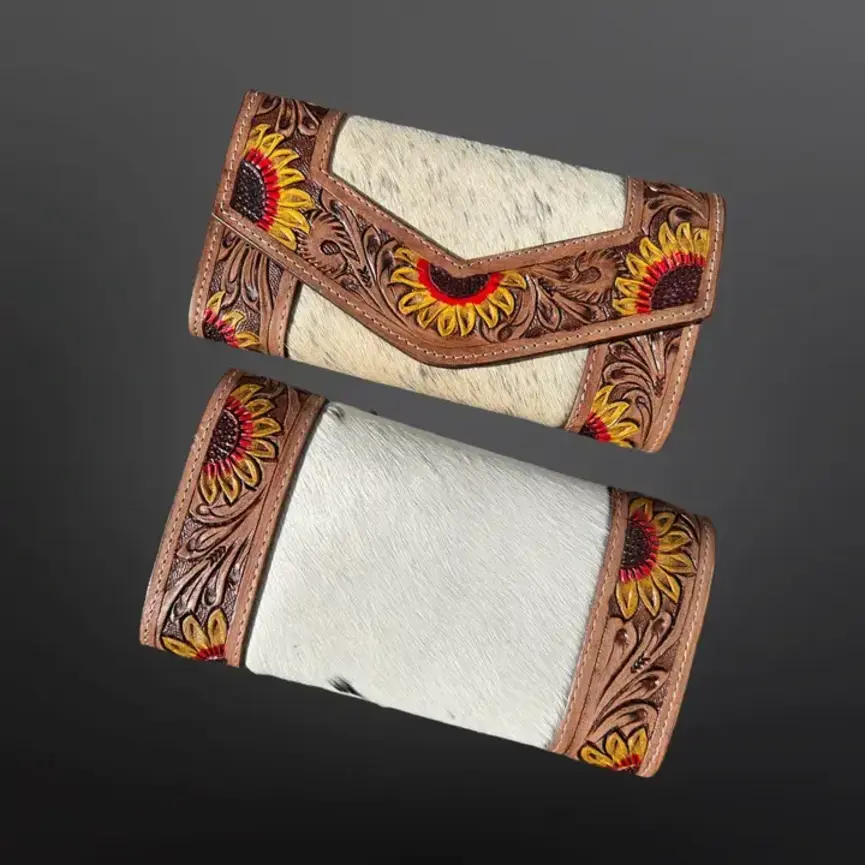 Cowhide Tooled Leather Wallet with Painted Sunflowers