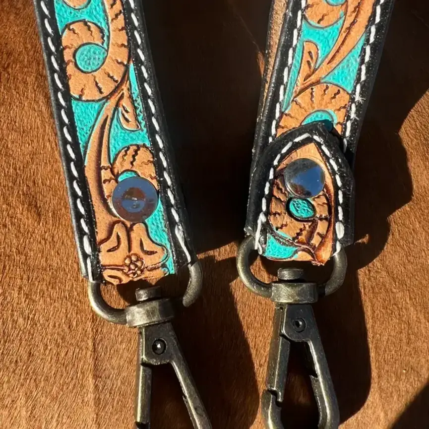 Tooled Leather Western Wrist Strap Keychain Turquoise Scroll