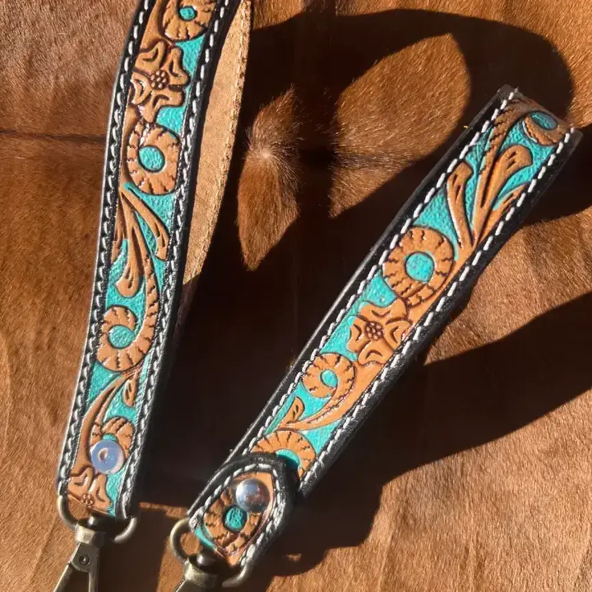 Tooled Leather Western Wrist Strap Keychain Turquoise Scroll