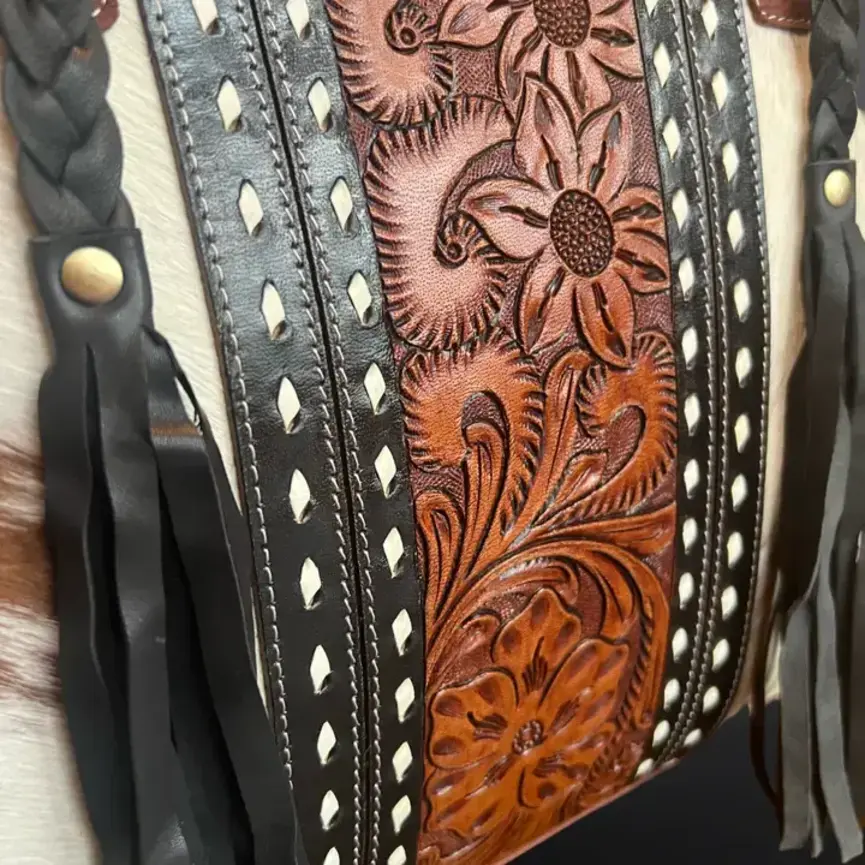 Cowhide Tooled Leather Western Tote Handbag