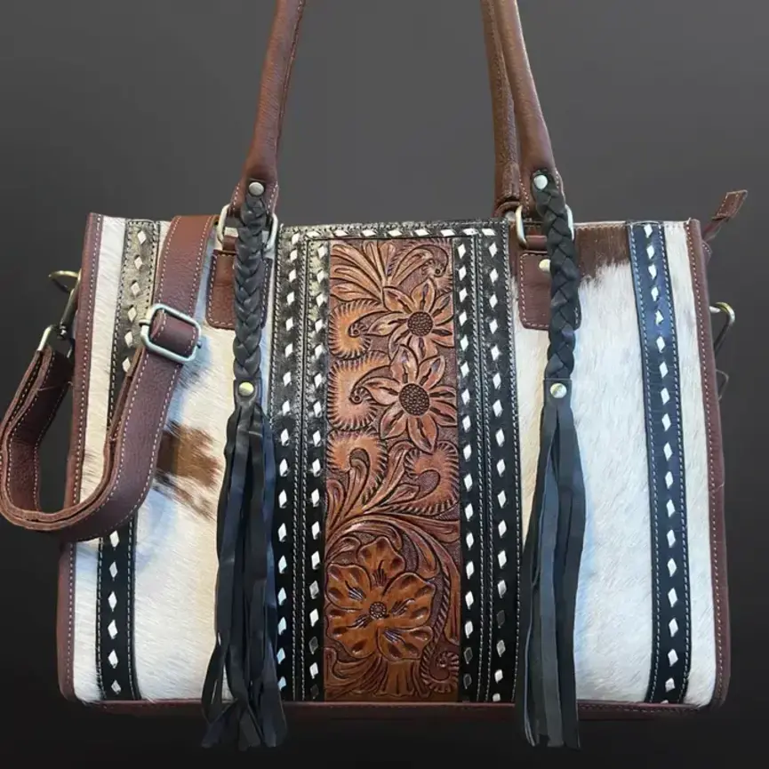 Cowhide Tooled Leather Western Tote Handbag