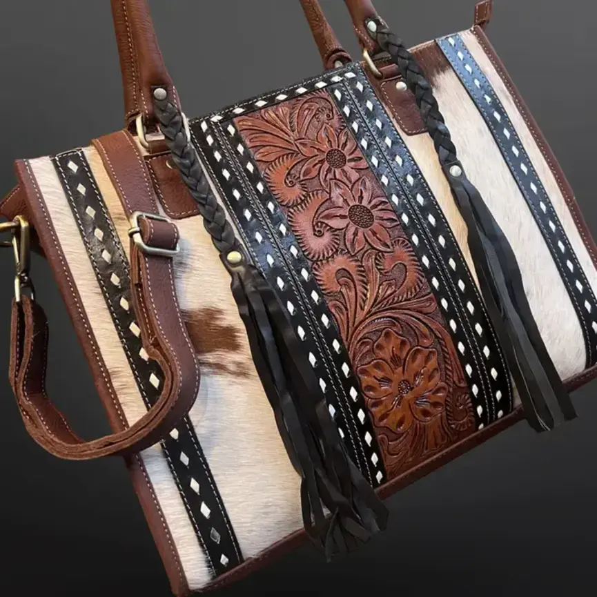 Cowhide Tooled Leather Western Tote Handbag